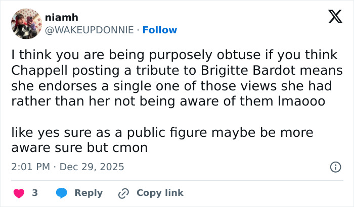 Tweet discussing backlash faced by Chappell Roan over controversial Brigitte Bardot post and public awareness of its implications. Tweet discussing backlash faced by Chappell Roan over controversial Brigitte Bardot post and public awareness of its implications.