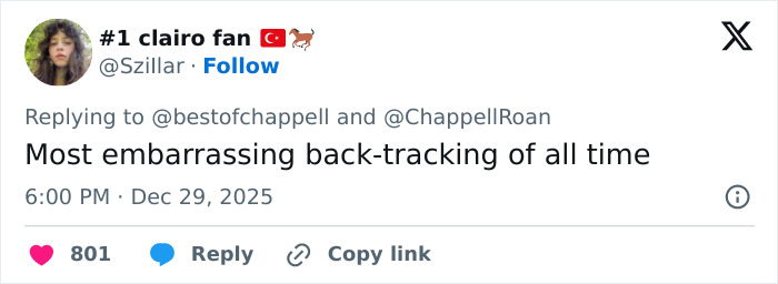 Twitter user replying to Chappell Roan, calling her response the most embarrassing back-tracking amid backlash over Bardot post. Twitter user replying to Chappell Roan, calling her response the most embarrassing back-tracking amid backlash over Bardot post.