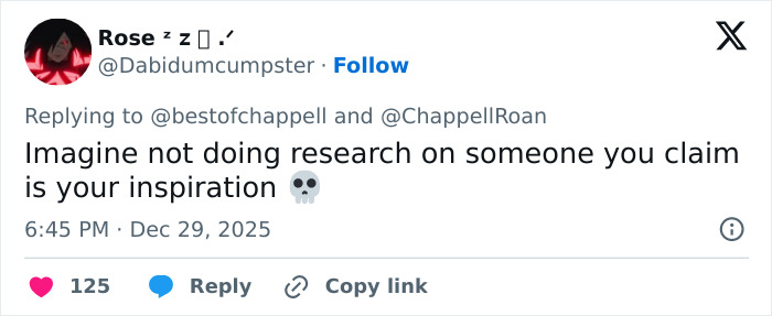 Tweet replying to Chappell Roan with criticism about lack of research amid backlash over Brigitte Bardot post. Tweet replying to Chappell Roan with criticism about lack of research amid backlash over Brigitte Bardot post.