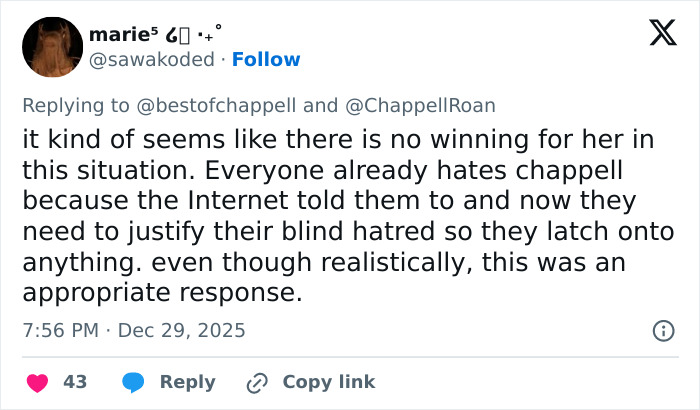 Twitter user comments on Chappell Roan facing backlash over Brigitte Bardot post amid widespread criticism online. Twitter user comments on Chappell Roan facing backlash over Brigitte Bardot post amid widespread criticism online.