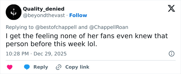 Tweet from user Quality_denied replying to Chappell Roan, discussing fan reactions amid backlash over Brigitte Bardot post. Tweet from user Quality_denied replying to Chappell Roan, discussing fan reactions amid backlash over Brigitte Bardot post.