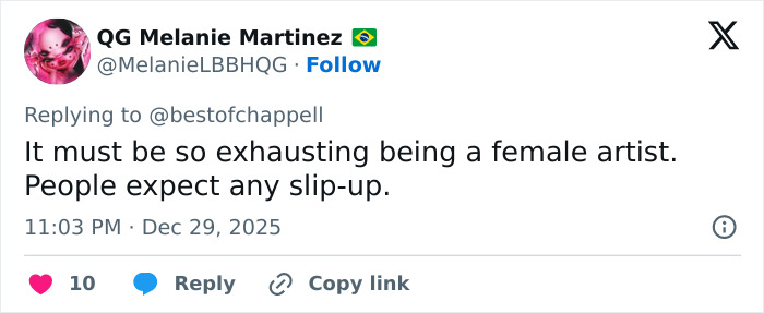 Tweet from user QG Melanie Martinez reacting to backlash faced by Chappell Roan over Brigitte Bardot post. Tweet from user QG Melanie Martinez reacting to backlash faced by Chappell Roan over Brigitte Bardot post.