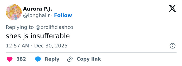 Tweet from Aurora P.J. replying with "shes js insufferable" amid Sydney Sweeney and Lindsay Lohan comparison reactions.