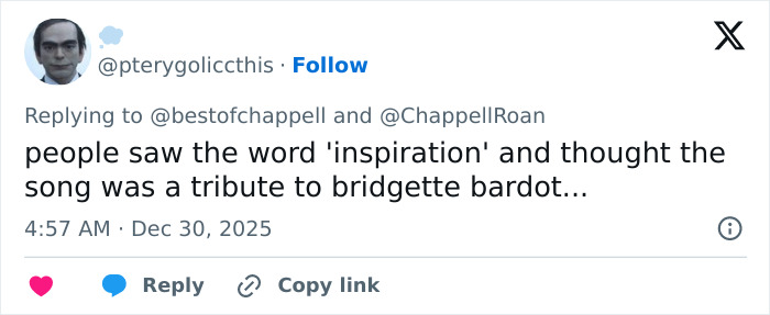 Tweet criticizing Chappell Roan for referencing Brigitte Bardot, sparking backlash and discussion about inspiration and tribute. Tweet criticizing Chappell Roan for referencing Brigitte Bardot, sparking backlash and discussion about inspiration and tribute.