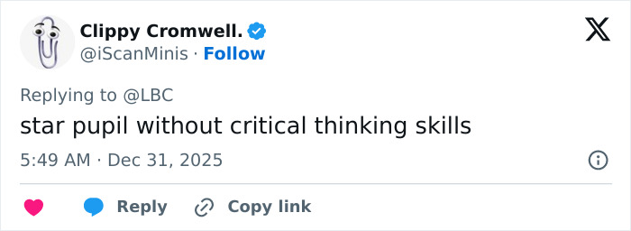 Tweet by Clippy Cromwell with an avatar, stating star pupil without critical thinking skills, about schoolboy lost life Squid Game prank.