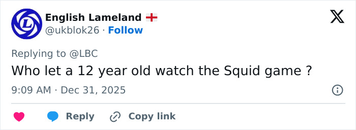 Tweet questioning who allowed a 12-year-old schoolboy to watch Squid Game amid investigation into prank incident.