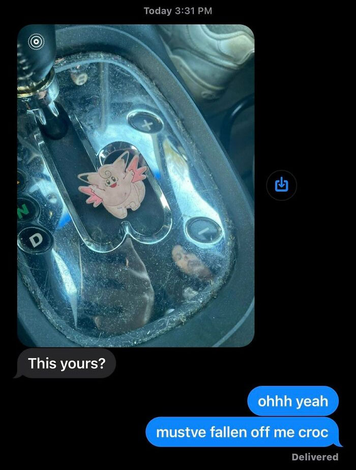 Text conversation with a photo of a car gear shift and a pink cartoon sticker, showcasing hilarious text messages.