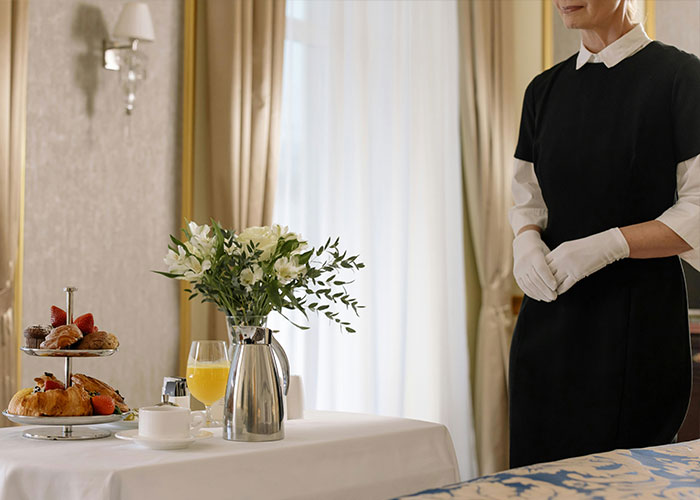 A luxury hotel staff member in uniform serving an elaborate breakfast setup, highlighting luxury industry rip-offs.