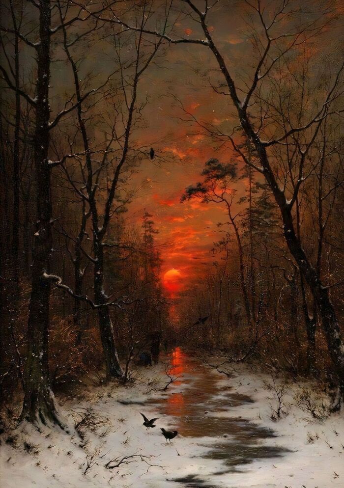 Winter forest path with snow and birds at sunset, capturing emotion and everyday life in the past.