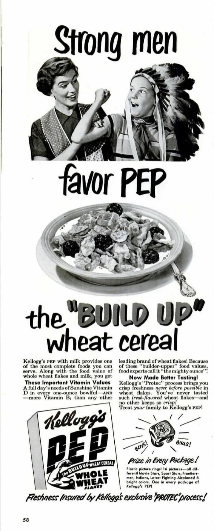 Vintage ad showing Kellogg's Pep cereal promoting strength and energy with a black and white illustration style.