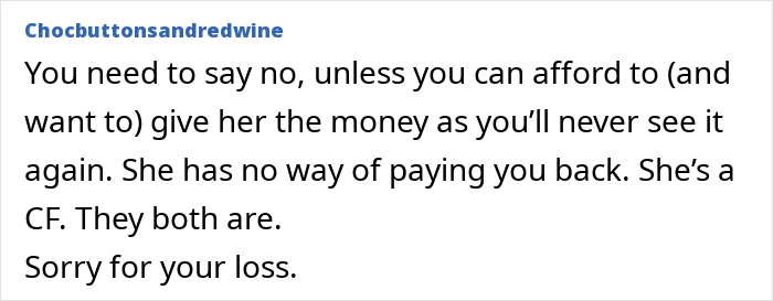 Text comment expressing sympathy about ending a 22-year-long friendship after an unhinged request. Text comment expressing sympathy about ending a 22-year-long friendship after an unhinged request.