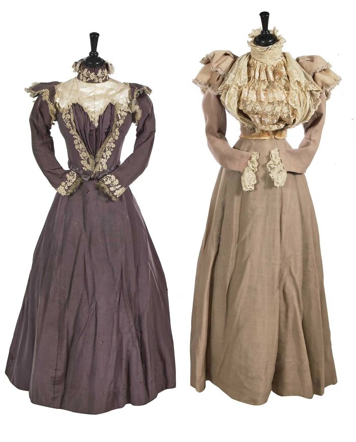 Two powerful old dresses on mannequins showcasing vintage culture and everyday life fashion from the past era