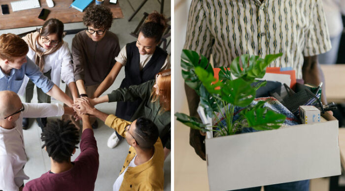 Group of diverse people joining hands in casual wear beside person holding box of office items representing school uniforms vs casual wear debate