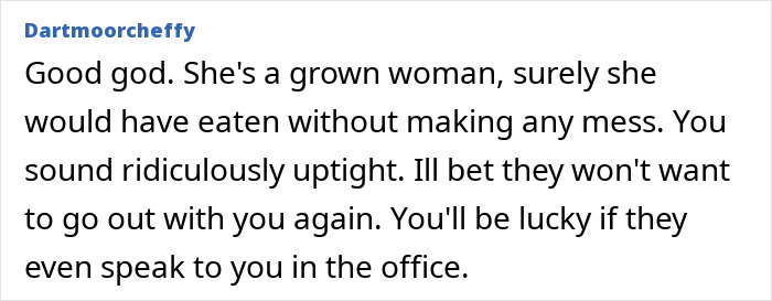 Comment text from user dartmoorcheffy about a woman not giving in to social pressure from coworkers in an office setting. Comment text from user dartmoorcheffy about a woman not giving in to social pressure from coworkers in an office setting.