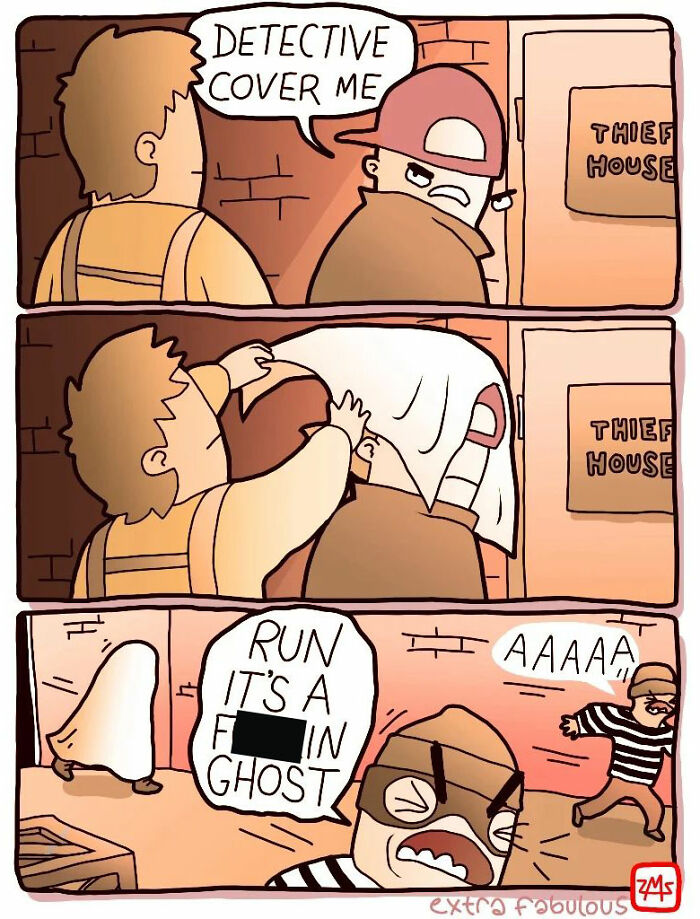 Comic panels showing dark humor where a character hides under a sheet and scares a thief, fitting extra fabulous comics style.