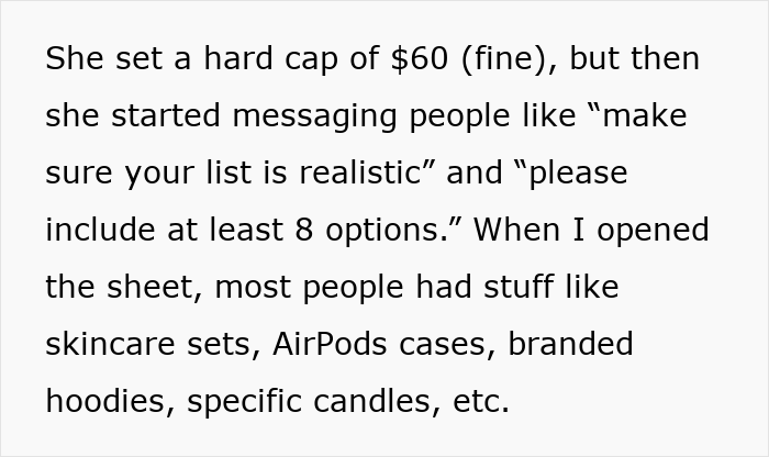 Alt text: Woman drops out of family Secret Santa after sister turns gift list into a luxe shopping wishlist with h**h-end items. Alt text: Woman drops out of family Secret Santa after sister turns gift list into a luxe shopping wishlist with h**h-end items.