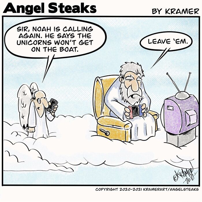 Cartoon from Angel Steaks showing God ignoring Noah’s call about unicorns not boarding the ark, sitting on clouds.