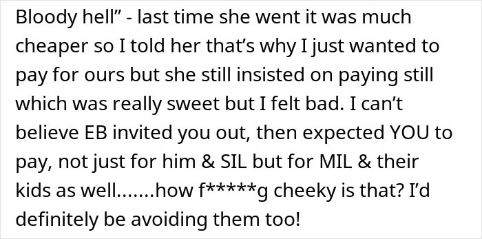 Text message conversation discussing a brother who makes the brother-in-law pay for dinner with extended family.