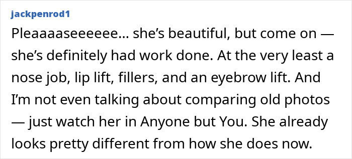 Comment criticizing Sydney Sweeney's natural beauty claim, mentioning cosmetic procedures and photo comparisons.