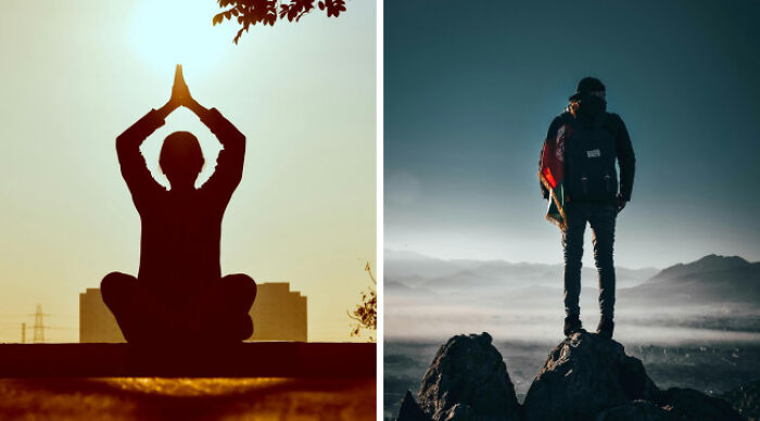 Silhouettes contrasting school uniforms and casual wear with a person meditating and another hiking on rocky terrain.