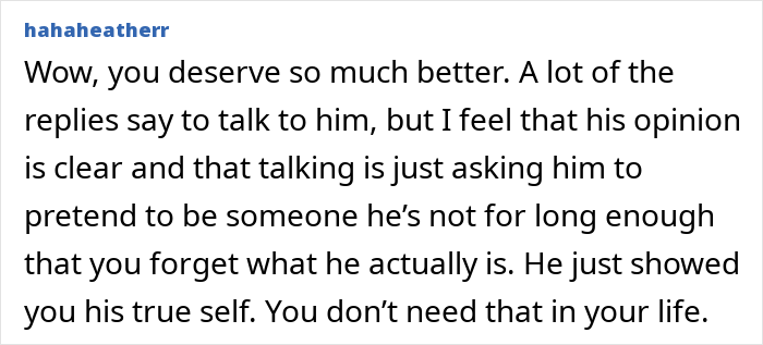 Comment expressing support for a woman who found secret texts of fianc&eacute; complaining about her appearance and wedding photos worries.