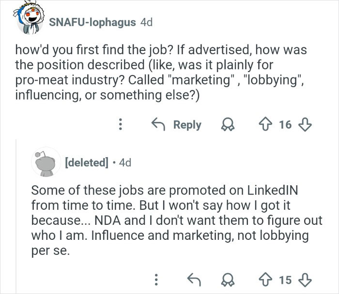 Reddit conversation discussing an ex-employee's role in marketing and influence related to discrediting veganism online.