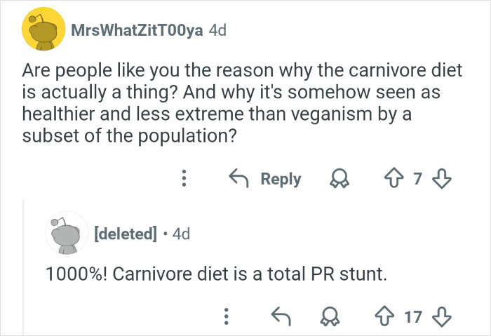 Screenshot of an online discussion where an ex-employee criticizes the carnivore diet over veganism debates.