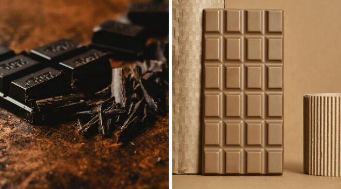 Split image showing dark and milk chocolate bars side by side, illustrating a casual comparison like school uniforms vs casual wear.