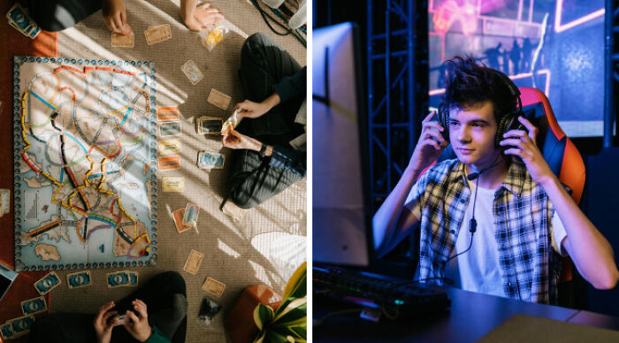 People playing board games and a young person gaming with headphones, highlighting school uniforms vs casual wear debate.