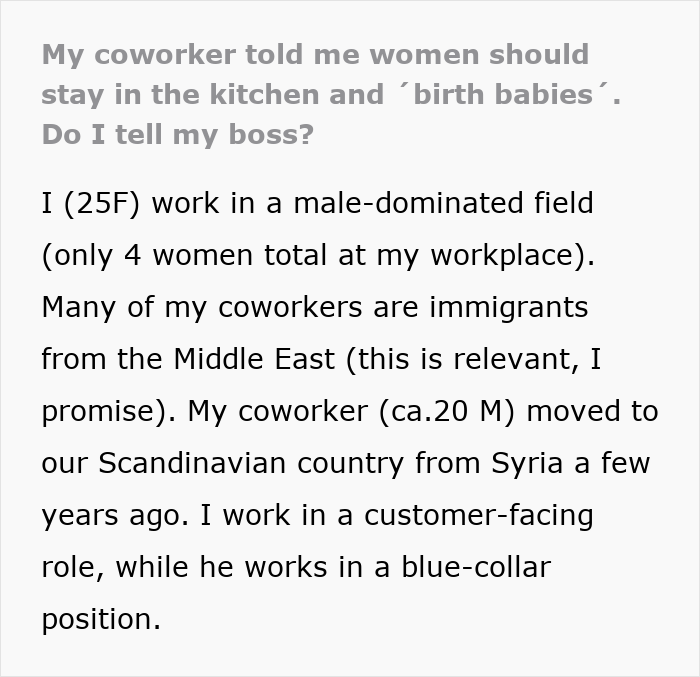Text post about a coworker telling a woman to stay home and birth babies, causing conflict over reporting him. Text post about a coworker telling a woman to stay home and birth babies, causing conflict over reporting him.