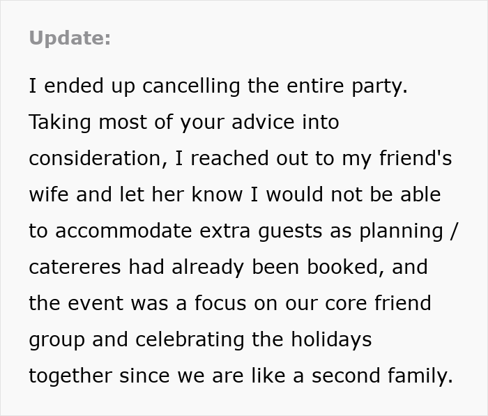 Text update from host explaining cancellation of Xmas party after friend&rsquo;s wife invited random people to her house.