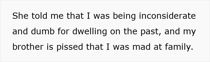 Text on white background stating someone was called inconsiderate and dumb for dwelling on the past after learning of groom cheating with bride&rsquo;s mom.