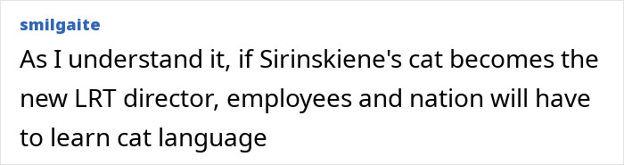 Screenshot of a social media comment about Lithuania&rsquo;s lawmaker&rsquo;s cat and the national broadcaster&rsquo;s director role.