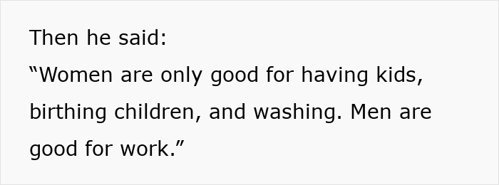 Text excerpt showing a coworker telling a woman she should birth babies and stay home, sparking conflict about reporting him. Text excerpt showing a coworker telling a woman she should birth babies and stay home, sparking conflict about reporting him.