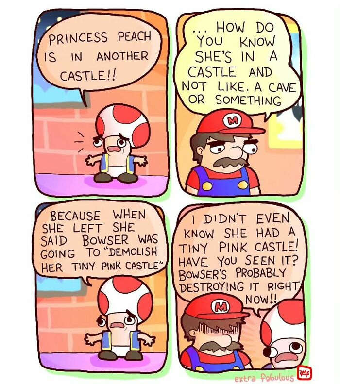 Comic strip featuring Mario and Toad discussing Princess Peach’s tiny pink castle in a dark humor style.