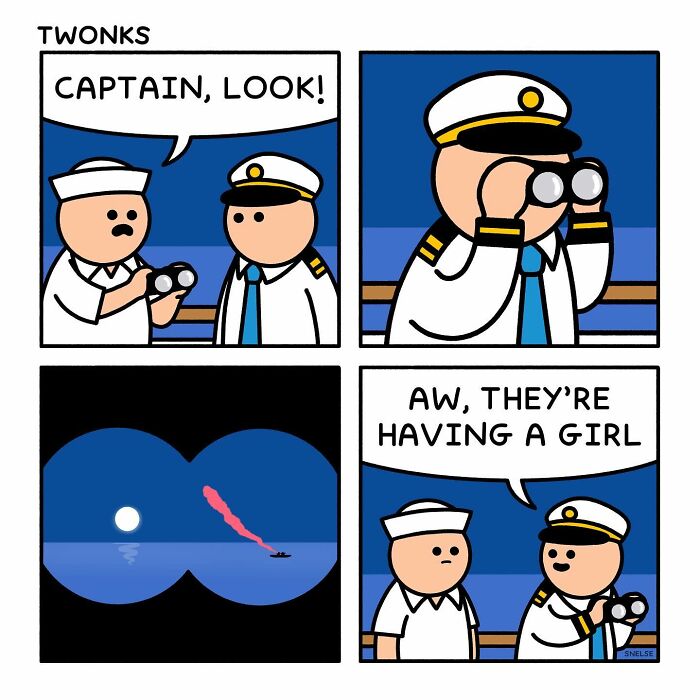 Cartoon illustration of two sailors on a ship using binoculars in a comic style to make people chuckle.