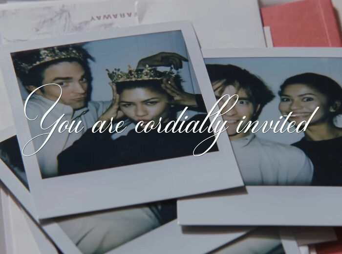 Polaroid photos of Zendaya and Robert Pattinson wearing crowns in a viral engagement-themed ad campaign. Polaroid photos of Zendaya and Robert Pattinson wearing crowns in a viral engagement-themed ad campaign.