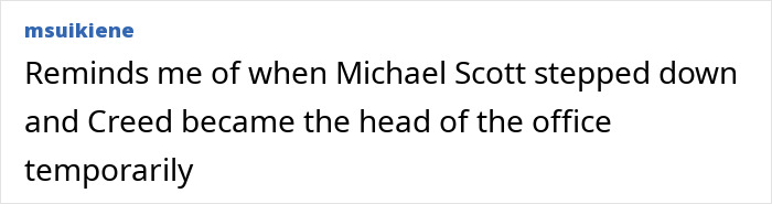 Comment about Michael Scott and Creed becoming temporary office head, referencing lawmaker&rsquo;s cat consent for broadcaster head in Lithuania.