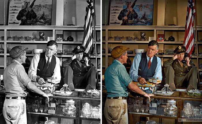 Split image showing old black and white photo colorized by artist, depicting a vintage store scene with three men.
