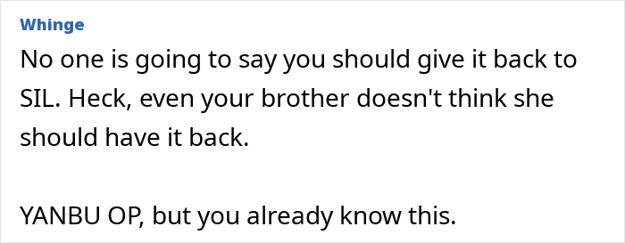 Text post about a woman pawning a family heirloom ring and conflict with sister-in-law over returning it.