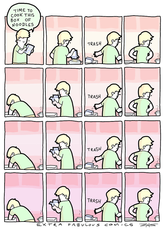 Comic strip from Extra Fabulous Comics showing a man repeatedly attempting to cook noodles with dark humor and unexpected endings.