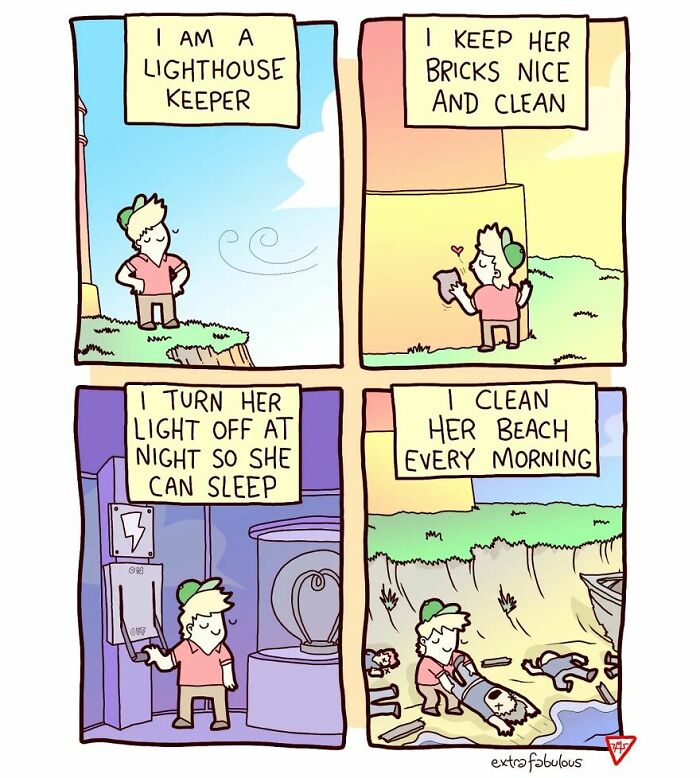 Comic panels from Extra Fabulous Comics showing a lighthouse keeper with dark humor and unexpected endings.
