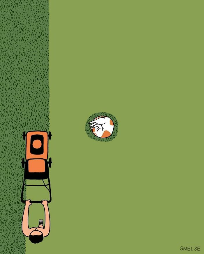 Illustration of a person mowing grass with a cat hidden in a circle of unmowed lawn in a comic style.