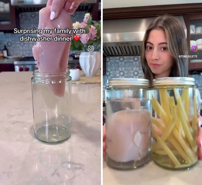 Person placing raw chicken in a jar and holding jars with chicken and fries to cook food in the dishwasher.