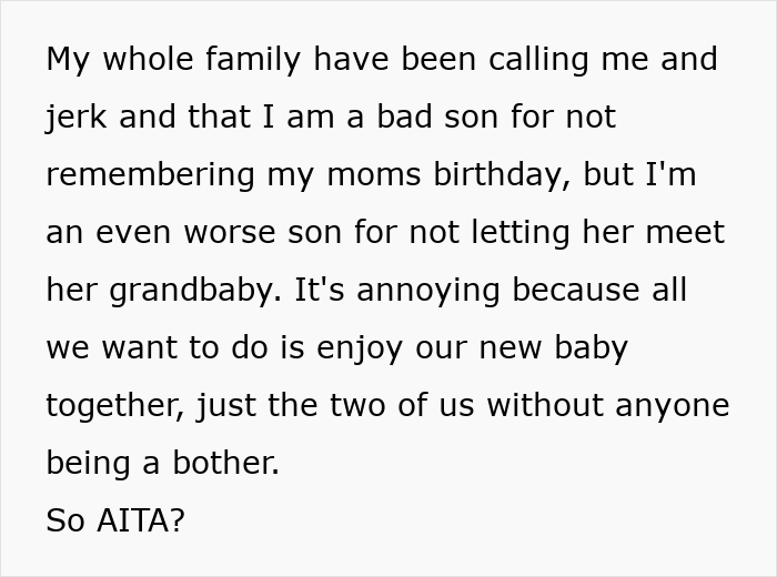 Text post about a son forgetting his mom&rsquo;s birthday and family conflict over meeting the new grandbaby.