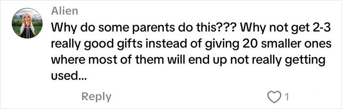 Comment questioning the practice of giving many small gifts instead of a few good ones in a Christmas gift haul for daughter backlash. Comment questioning the practice of giving many small gifts instead of a few good ones in a Christmas gift haul for daughter backlash.