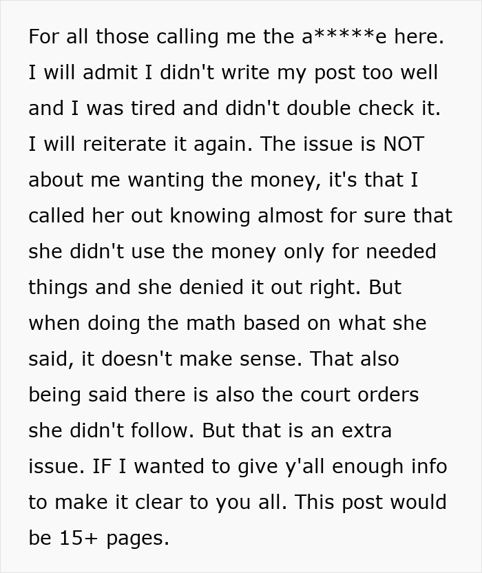 Text post from a teen questioning $30k money use, expressing frustration over vague answers and court orders.