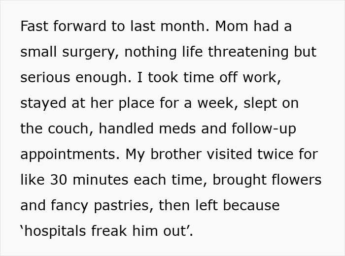 Text describing daughter&rsquo;s extensive caregiving contrasted with son&rsquo;s brief visits bringing flowers during mother&rsquo;s recovery.