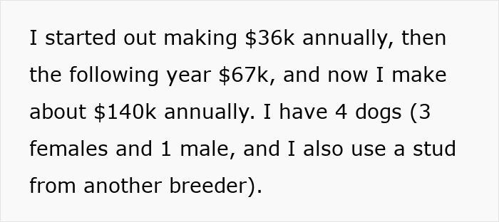 Text describing annual income growth and dog breeding details related to entitled mother expenses split son girlfriend topic.