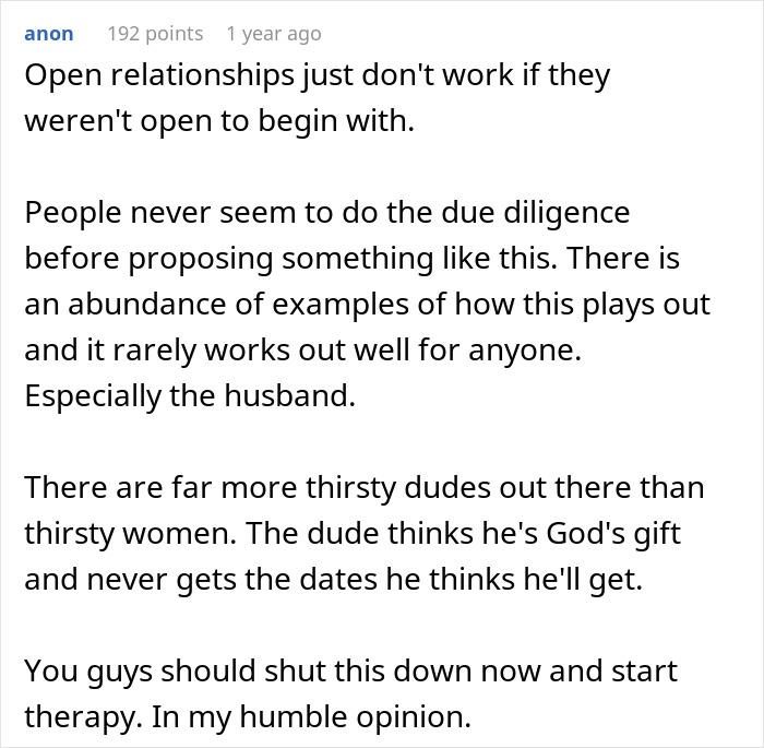 Comment discussing challenges men face when pushing for open marriage, realizing insecurity and difficulty handling it. Comment discussing challenges men face when pushing for open marriage, realizing insecurity and difficulty handling it.